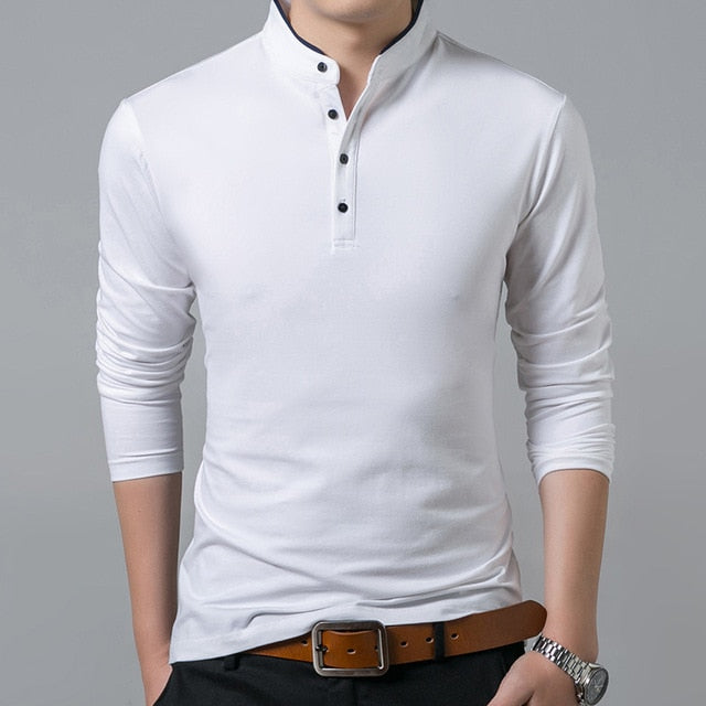 Liseaven T-Shirt Men Cotton T Shirt Full Sleeve tshirt Men Solid Color T-shirts tops&tees Mandarin Collar Long Shirt