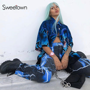 Sweetown Lightning Print Streetwear Cargo Pants Women Casual Ladies Joggers Trousers High Waist Hippie Baggy Pants Autumn Winter