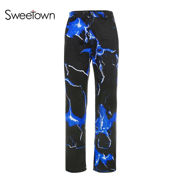 Sweetown Lightning Print Streetwear Cargo Pants Women Casual Ladies Joggers Trousers High Waist Hippie Baggy Pants Autumn Winter