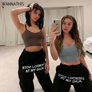 Wannathis Print Letter Black Casual SweatPant Hip Hop laceup Loose Cotton Women Carrot Trousers Fashion Autumn Ladies Streetwear