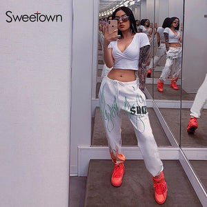 Sweetown White Flaming Fire Printed Streetwear Pants Women Korean Style Elastic High Waist Sweatpants Baggy Pants Summer Autumn